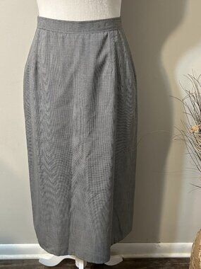 Vtg Unbranded Houndstooth A-line Midi Skirt Lined Black White Pockets Slit Sz 12